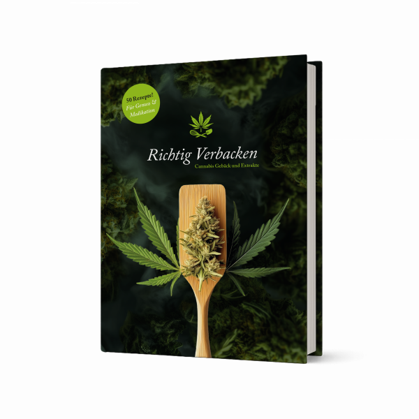 Buchcover „Richtig Verbacken – Cannabis Gebäck und Extrakte" in 3D-Ansicht