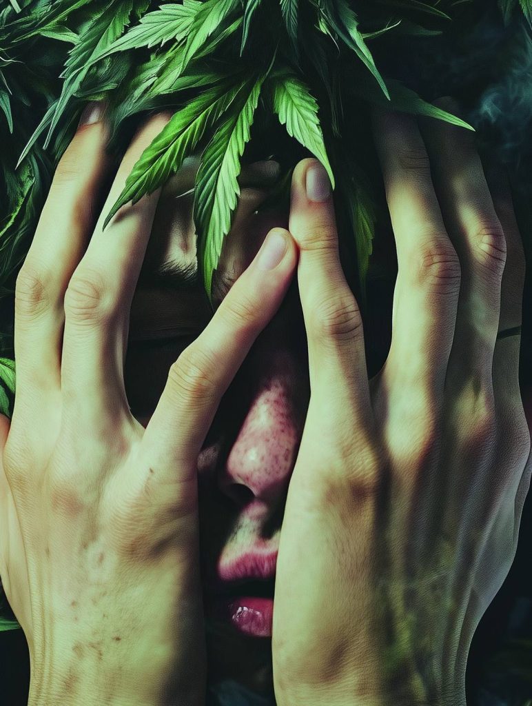 Person verbirgt das Gesicht hinter den Händen, umgeben von Cannabisblättern